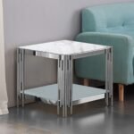 Gueridon Flute Chrome Plateau Verre Effet Marbre Et Verre Blanc 50x50x55 cm