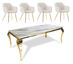 Ensemble Table à Manger Baroque Gold Marbre blanc et 4 chaises en velours