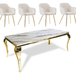 Ensemble Table à Manger Baroque Gold Marbre blanc et 4 chaises en velours