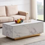 Table Basse Flottante à Coffre Gold Marbre Blanc 120x60x45 Cm