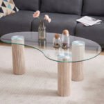 Table Basse Pylone Pied Beige Plateau Transparent 120x70x45cm