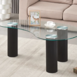 Table Basse Pylone Pied Noir Plateau Transparent 120x70x45cm