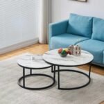 Table Basse Gigogne Métal Noir Plateau Verre Marbre Blanc 80x45 + 60x38 Cm – Image 2