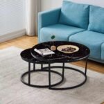 Table Basse Gigogne Métal Noir Plateau Verre Marbre Noir 80x45 + 60x38 Cm