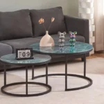 Table Basse Gigogne Roméo Métal Noir Marbre Gris Vert 80x45 + 60x38 Cm