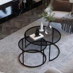 Table Basse Gigogne Métal Noir Plateau Verre Transparent 80x45 + 60x38 Cm