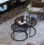 Table Basse Gigogne Métal Noir Plateau Verre Transparent 80x45 + 60x38 Cm