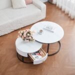 Table Basse Gigogne Novela Metal Noir Plateau Céramique Marbre Blanc  80+60Cm – Image 2