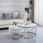 Table Basse Gigogne Samira  à Tiroir Chrome Céramique Marbre Blanc 80+60CM