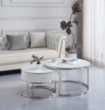 Table Basse Gigogne Samira  à Tiroir Chrome Céramique Marbre Blanc 80+60CM