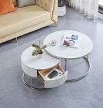 Table Basse Gigogne Samira  à Tiroir Chrome Céramique Marbre Blanc 80+60CM – Image 2