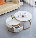 Table Basse Gigogne Samira  à Tiroir Gold Céramique Marbre Blanc 80+60CM – Image 2