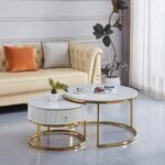 Table Basse Gigogne Samira  à Tiroir Gold Céramique Marbre Blanc 80+60CM