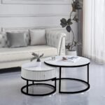 Table Basse Gigogne Samira Métal Noir Tiroir Céramique Marbre Blanc 80+60CM