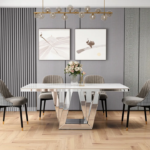 Table A Manger Elégance Chrome Verre Marbre Blanc 180x90x75cm