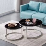 Table Basse Gigogne Romeo Inox Marbre Noir 80x45 + 60x38 Cm